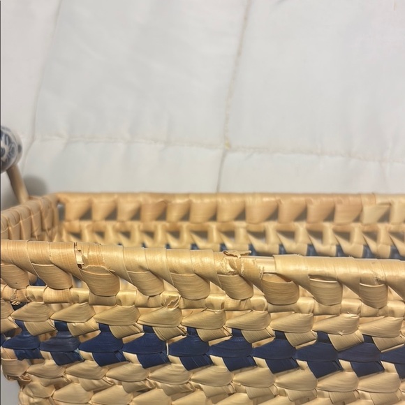 Woven Rectangular Basket with Ceramic Blue and White Handles - Picture 10 of 10